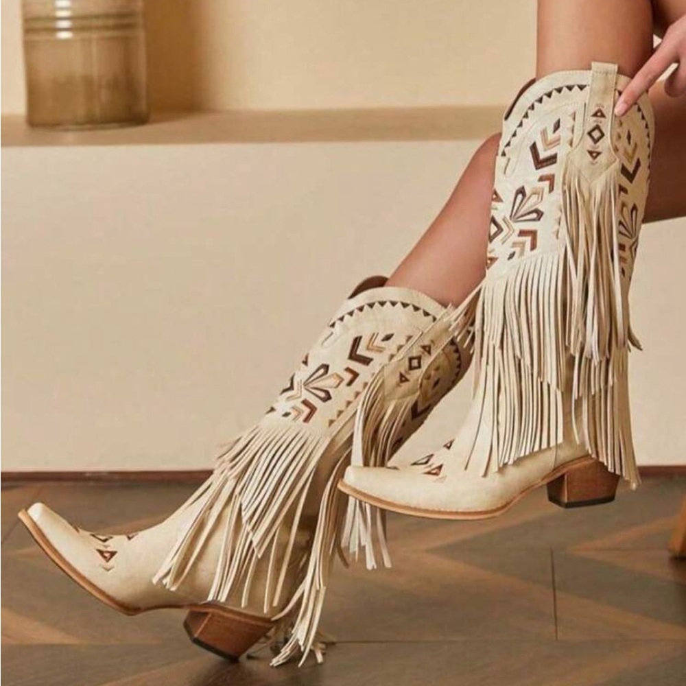 Cowgirl Western Boots Fringe Tassel Chunky High Heels Mid Calf Slip On